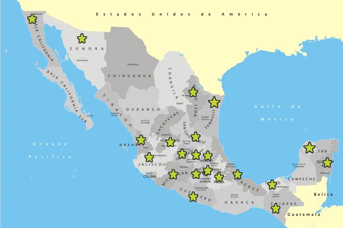 Mapa de México con los 21 estados donde CEDMA ha ejecutado obra
